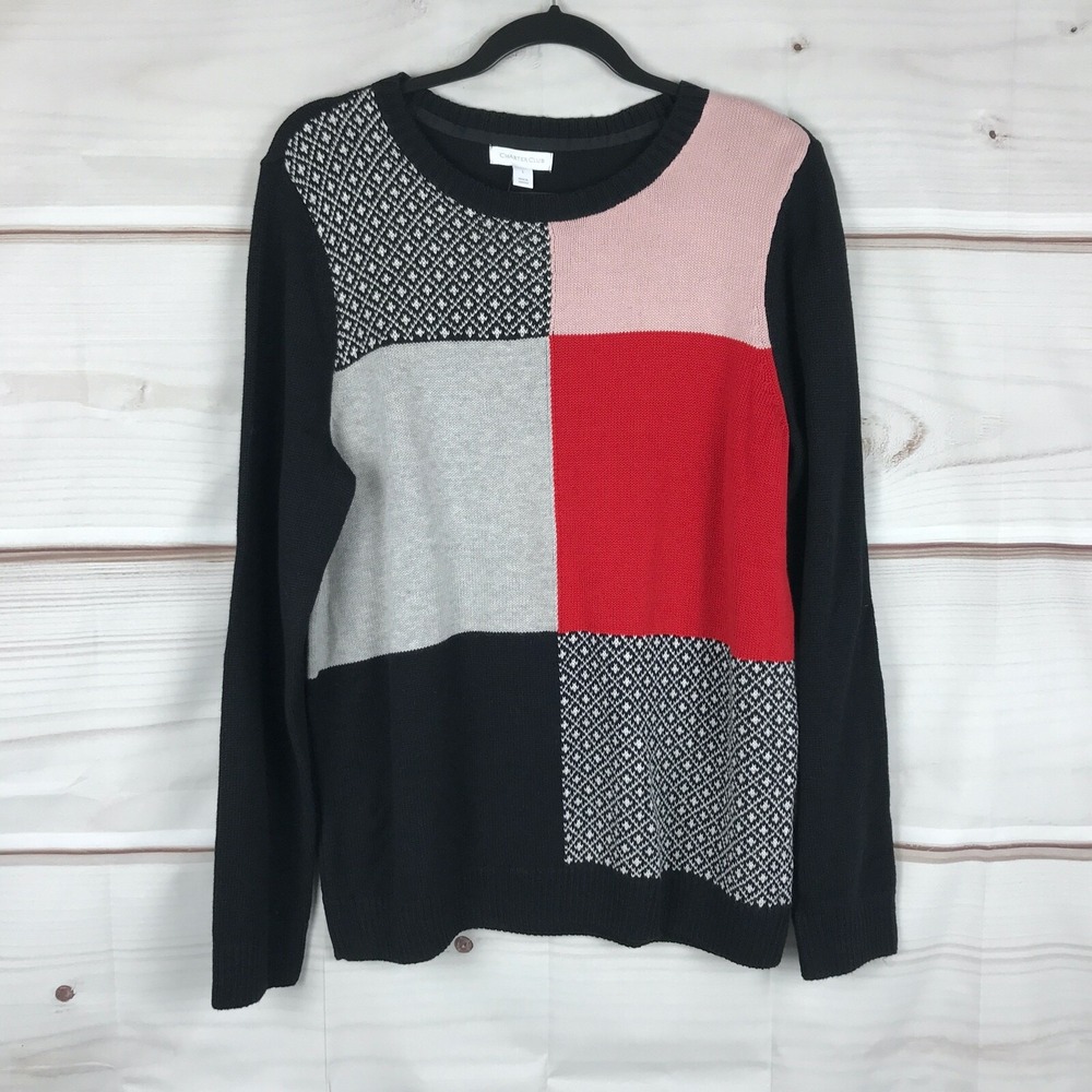 Charter Club Sweater Womens L Patchwork Black Red Long Sleeve Pullover Crew Neck